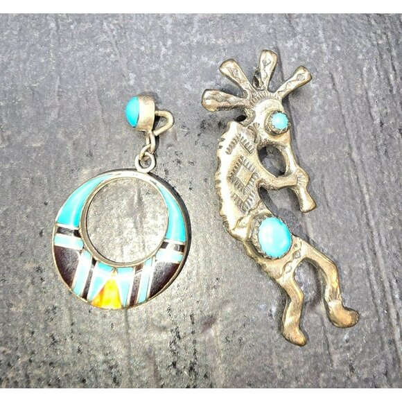 Vintage Sterling Silver Kokopelli Brooch & Inlaid Turquoise Pendant JJ4153 - Picture 2 of 11